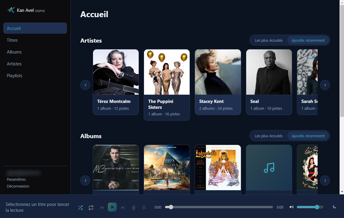 Page d'accueil de Kan Avel : navigation latérale, carrousels d'artistes et d'albums avec leurs pochettes, barre de lecture en bas.